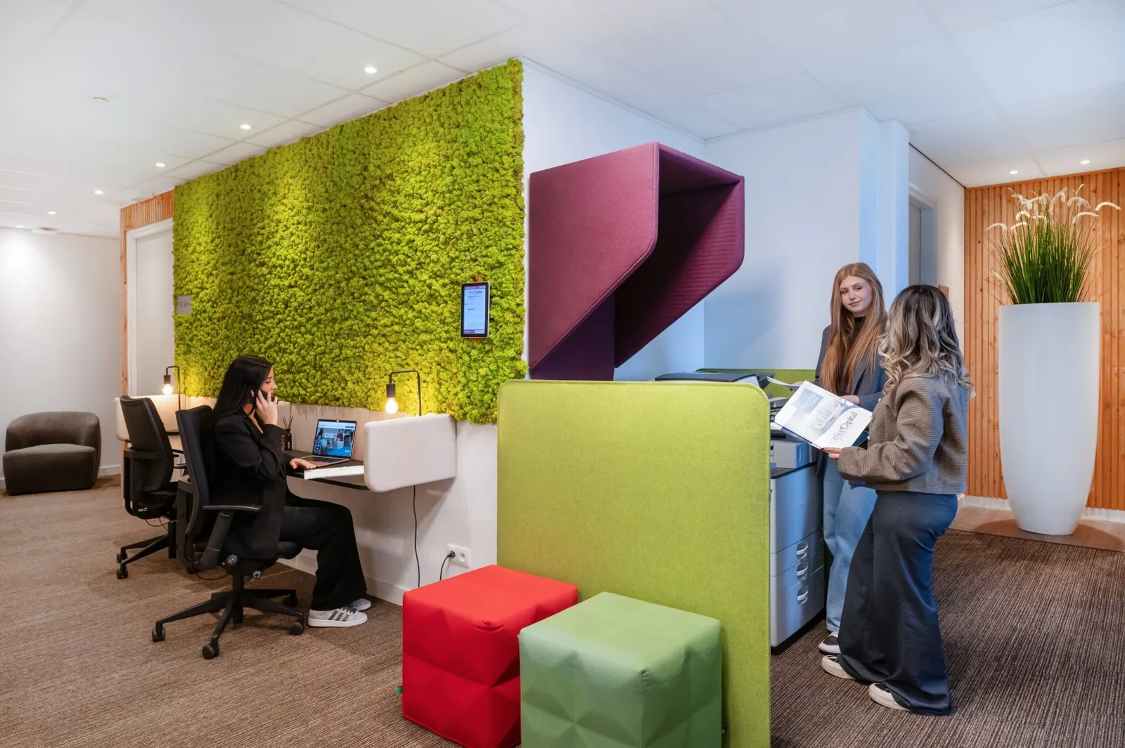 Werkplekken met groene en roze akoestische panelen aan de wand in Office Capital Hasselt